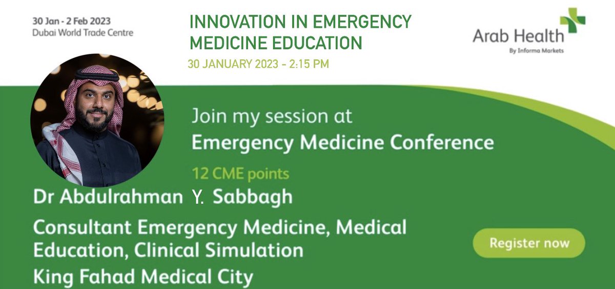 I'm delighted to be speaking at the Emergency Medicine Conference at Arab Health 2023. 
“Innovation in Emergincy Medicine Education” @Arab_Health 

#ArabHealth2023 #ArabHealth #emergencymedicine #education #simulation
