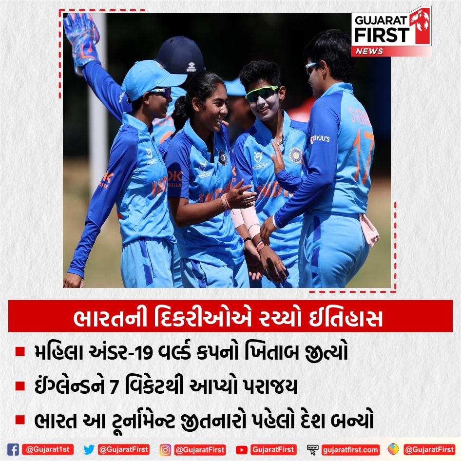 GujaratFirst's tweet photo. ભારતની દિકરીઓએ રચ્યો ઈતિહાસ, મહિલા અંડર-19 વર્લ્ડકપનો ખિતાબ જીત્યો
#U19T20WorldCup #INDWvsENGW #Cricket #SSehrawat #STiwari #GTrisha @BCCI @SVerma__ https://t.co/SIuMjjM9qp