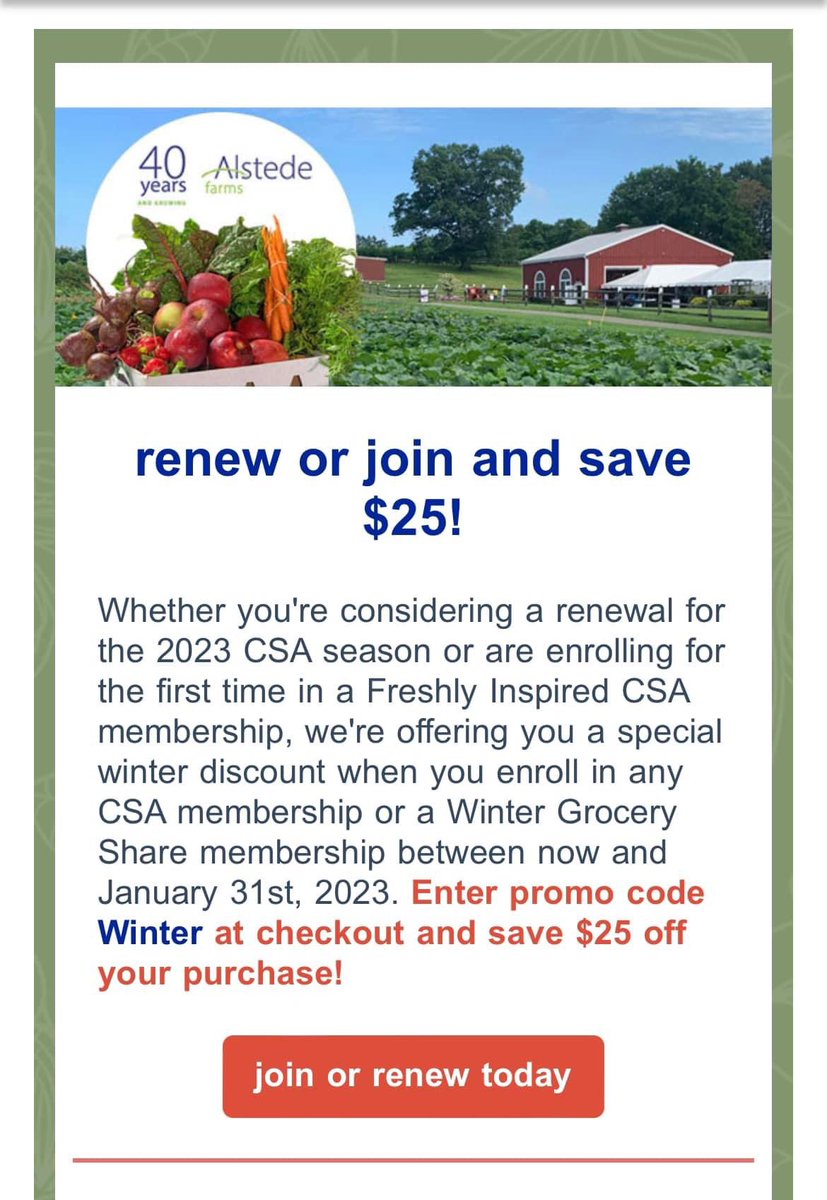 HHGreenTeam's tweet photo. If youβre thinking about joining our CSA - Save $25 when you enroll in any CSA membership between now and and January 31st!
Visit our website https://t.co/x25tD9NifK
@AlstedeFarms
#hasbrouckheightscsa #HHGreenTeamCSA #hhgreenteam #CSA #hasbrouckheights #hasbrouckheightsnj https://t.co/86LpZ2mW7G