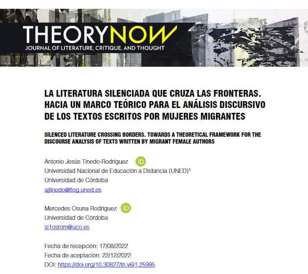 Muy feliz, hoy se ha publicado en #TheoryNow un paper muy especial que escribí en coautoría con mi admirada Mercedes Osuna (<a href="/InterculturaUCO/">Cátedra Intercultural</a>). Si te interesa la crítica literaria feminista y la literatura intercultural, aquí tienes lectura de domingo:
revistaseug.ugr.es/index.php/TNJ/…