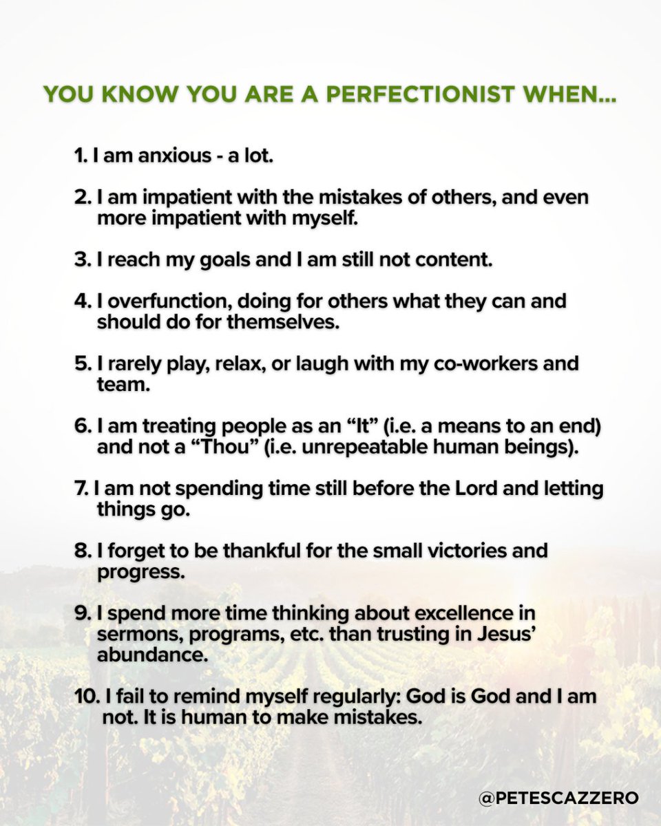 petescazzero's tweet photo. Perfectionism is serving the “shape up or ship out god,” the “one false move god” – not the God of Scripture revealed in Jesus who loves us as we are, where we are, and how we are right now.

Nothing you do (or don’t do) will make Him love you any more or less. https://t.co/WmiUEtRgXE
