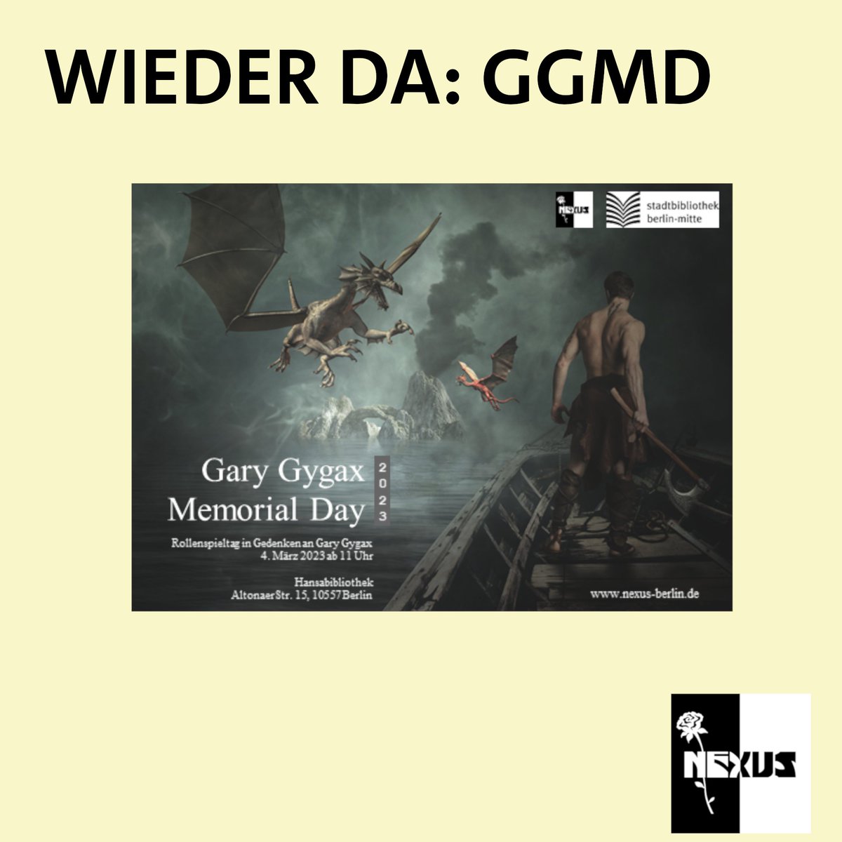 BerlinNexus's tweet photo. Der Gary-Gygax-Memorial Day ist wieder da!
Hier geht es zur Übersicht der bisher schon gemeldeten Abenteuer: https://t.co/gHpR630h0x
#Rollenspiel #rpg #pnpDE #pnpberlin #penandpaperberlin #rollenspielberlin #nexus #nexusberlin #stbmitte #ggmd #ggmd2023 #garygygaxmemorialday https://t.co/vepzektsbd