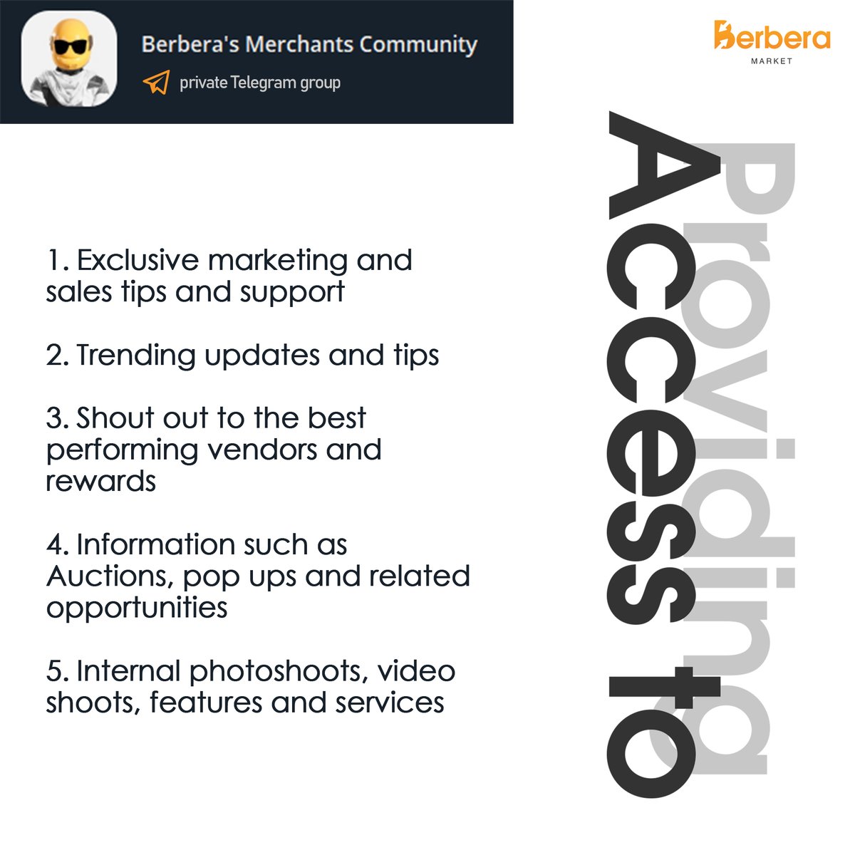 Berberamarket's tweet photo. The BMC, or Berbera's Merchant's Community) is a private community available for vendors and close suppliers of Berbera Market where they will have access to announcements, exclusive sales, marketing and pricing support, and much more.

https://t.co/IXN5POxIYh
#ecommerce https://t.co/KaQUw88sxS