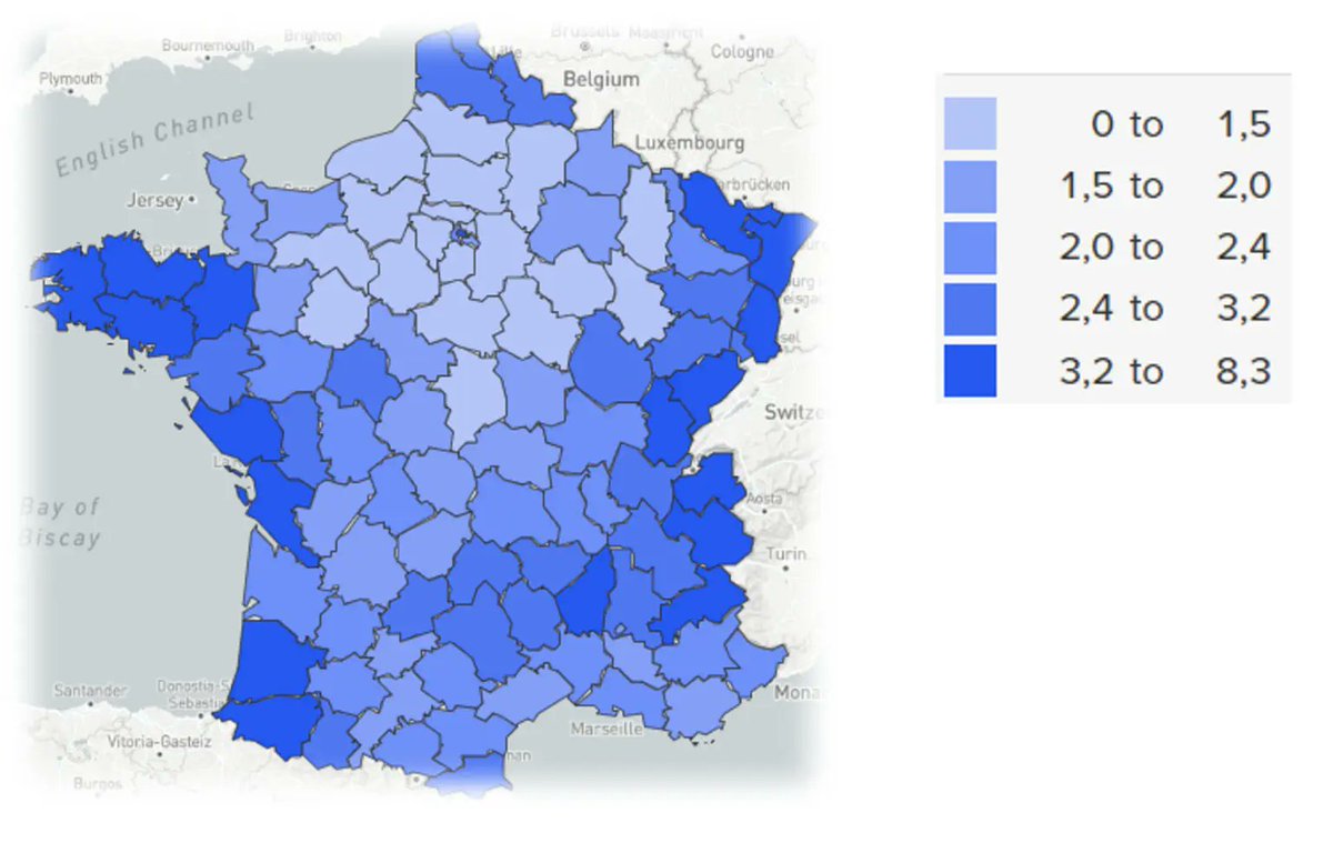Moving back, this map shows you the share of sales of local brands in supermarkets in 2022. You can spot the strong regional culinary allegiances in Brittany, the North, Alsace, the Alps, the basque/south west area and Vendée/West.