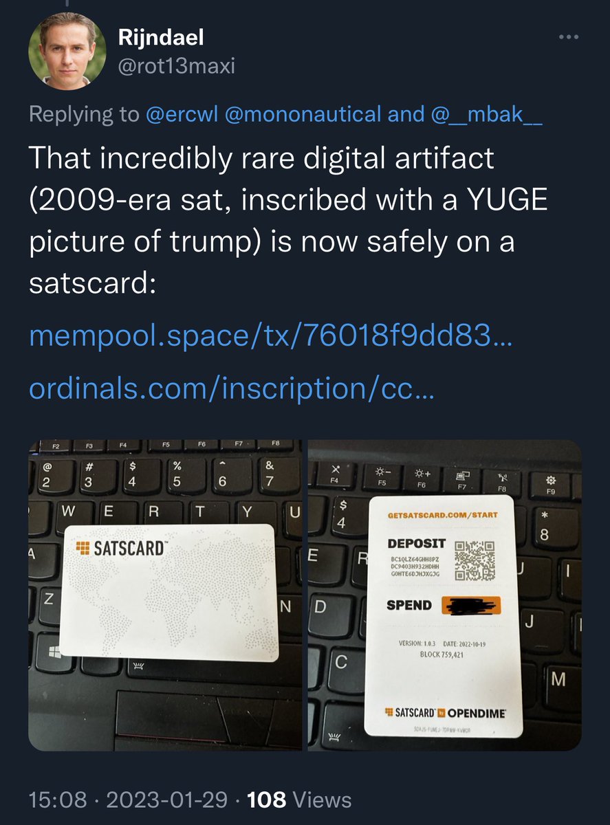 ercwl's tweet image. Took less than 24h after asking!

My Trump NFT card has moved from being a shitty centralized link to a jpeg on Polygon to be fully onchain-inscribed (360kb) Bitcoin NFT that’s been transfered to a physical NFC-enabled satscard tied to 1 satoshi from 2009!