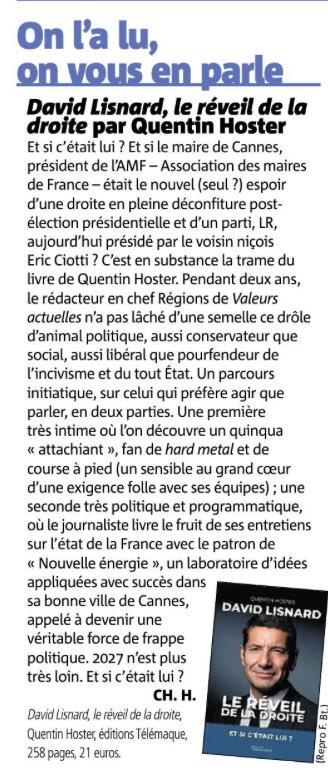 TMigoule's tweet photo. Bel article dans le Nice Matin pour un beau livre de ⁦@QuentinHoster⁩ sur ⁦@davidlisnard⁩ « Le réveil de la droite. Et si c’était lui ? »
Celui qui préfère agir que parler. C’est bien lui, en effet. https://t.co/o2NLOMLzOJ