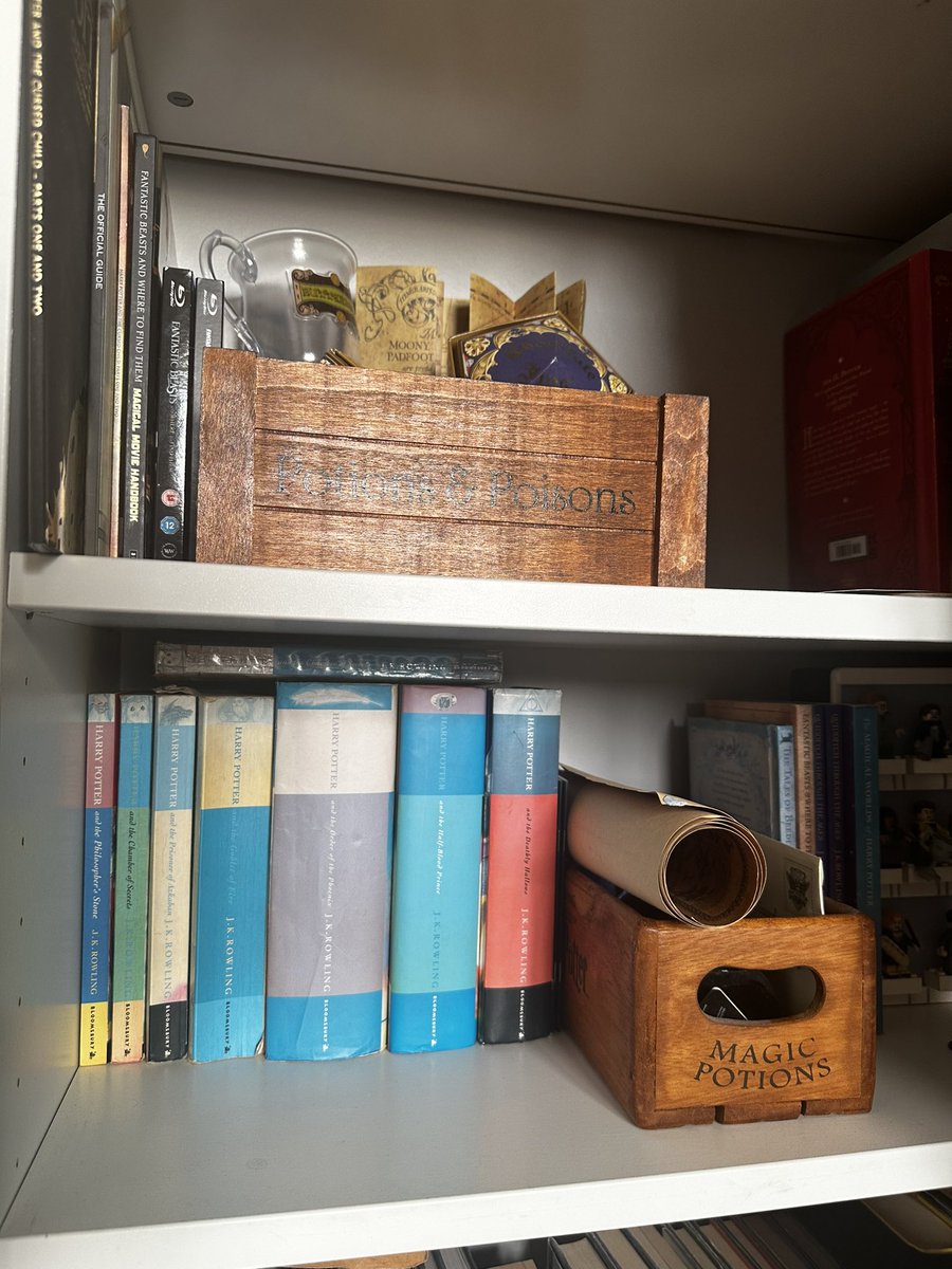 JacobWells1993's tweet photo. @jk_rowling Reorganising our Harry Potter shelf and i’m proud I have 6 out of the 7 books from when they came out. Determined to find a 1st edition Philosophers stone one day trawling through libraries and charity shops with @Lukejdpugh #alwaysafan ⚡️ https://t.co/ehVp7PZ724