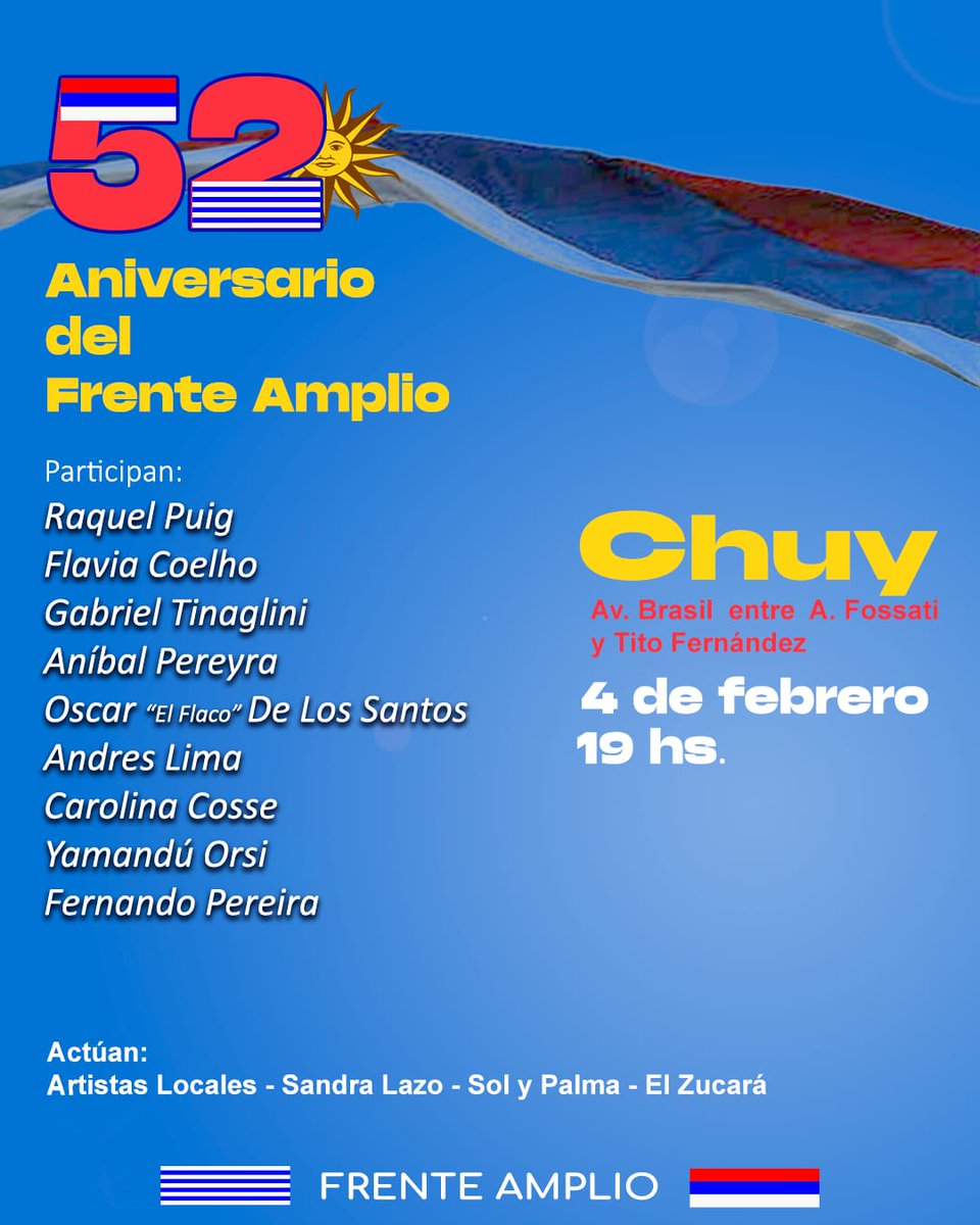 FrenteamplioR's tweet image. El 4 de febrero festejamos en #Chuy y el 5 en #ParquedelPlata
52°aniversario del @Frente_Amplio