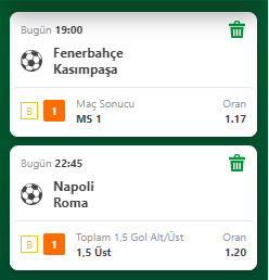 Napoli - Roma MS 1.5 üst
Fenerbahçe - Kasımpaşa MS-1

Napoli gol atma konusunda sorun yaşamıyor Roma maçında da gol ve goller olacaktır.
Fenerbahçe son maçın izlerini silmek isteyecektir ev sahibi avantaji ile kazanacaktır.

Stake 8/10
#gününikilisi
#iddaa
#fenerinmacivar