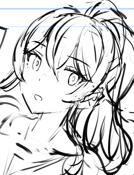 あす(31日)公開予定のFANBOX絵用のラフの検討案。一定のところまで線を描くと、描き足しや消しゴムを使うのをいったん我慢し、わなげ&移動ツールでパーツ移動の福笑いタイムしながら方向性決めてます。顔の輪郭の中だけでなく、アゴの角度や位置もパーツの1つ扱いです。 