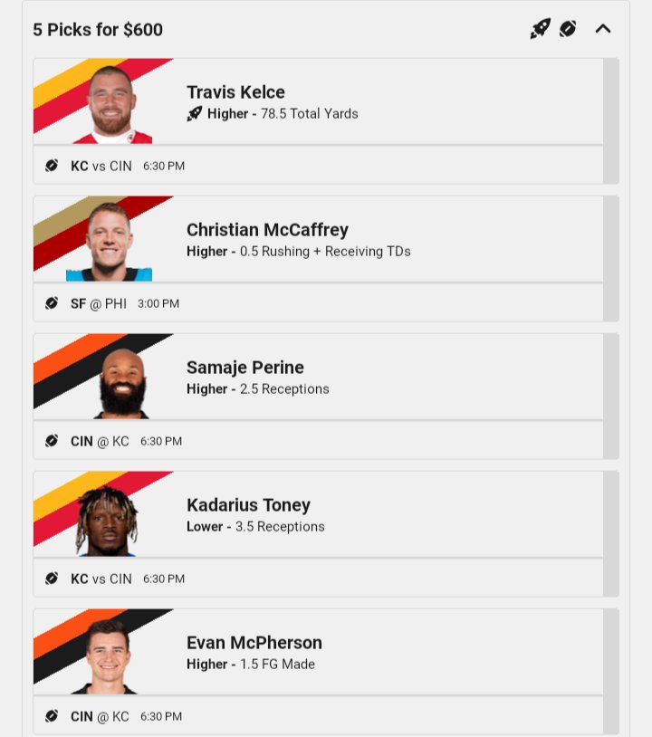 surfyourturf's tweet photo. Thank you @UnderdogFantasy for opportunity. Learned my lesson last boost.. #Kelce over any prop in playoffs.. #perine time again. #Toney may get more handoffs than rec.. #CMC TD is inevitable and this is #McPherson time to shine again. tell a story and roll. GL to all! https://t.co/8OYvzWVhFH