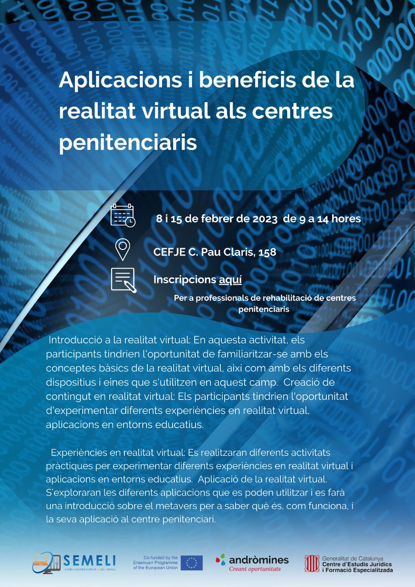 Andromines's tweet photo. Vols experimentar les aplicacions i beneficis de #RV als centres penitenciaris? Ets professional de rehabilitació a un centre?

Et convidem al curs col·laboratiu de la comunitat de pràctica #TICipresó en el marc del projecte #SEMELI

#RealitatVirtualCP https://t.co/95Z5Ls99Yi