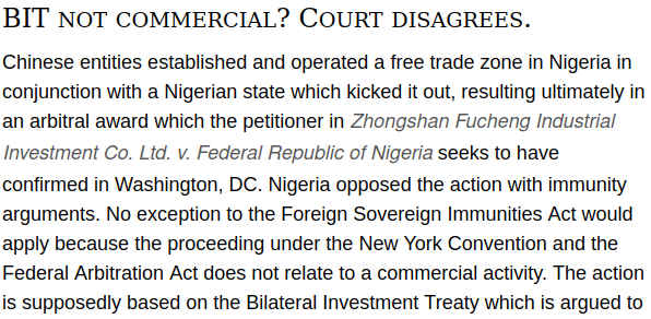 EmbassyLaw's tweet photo. BIT not commercial? Court disagrees: Zhongshan Fucheng Industrial Investment Co. Ltd. v. Federal Republic of Nigeria - USDCDC Washington DC 26 JAN 2023
https://t.co/BYWurN2NUh https://t.co/RpFBfKmEpK
