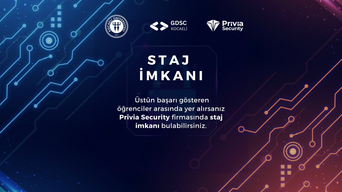 Herkese Merhaba!  ❤️💙💚💛 📢GDSC Kocaeli ve Privia Security işbirliği ile 5 gün sürecek Siber Güvenlik Bootcamp'i sizleri bekliyor! 🥳Eğitmen kadromuz Privia Security firmasında çalışan alanında uzman kişilerden oluşuyor.🤩Kayıt formu için linktr.ee/dsckou @Priviasec