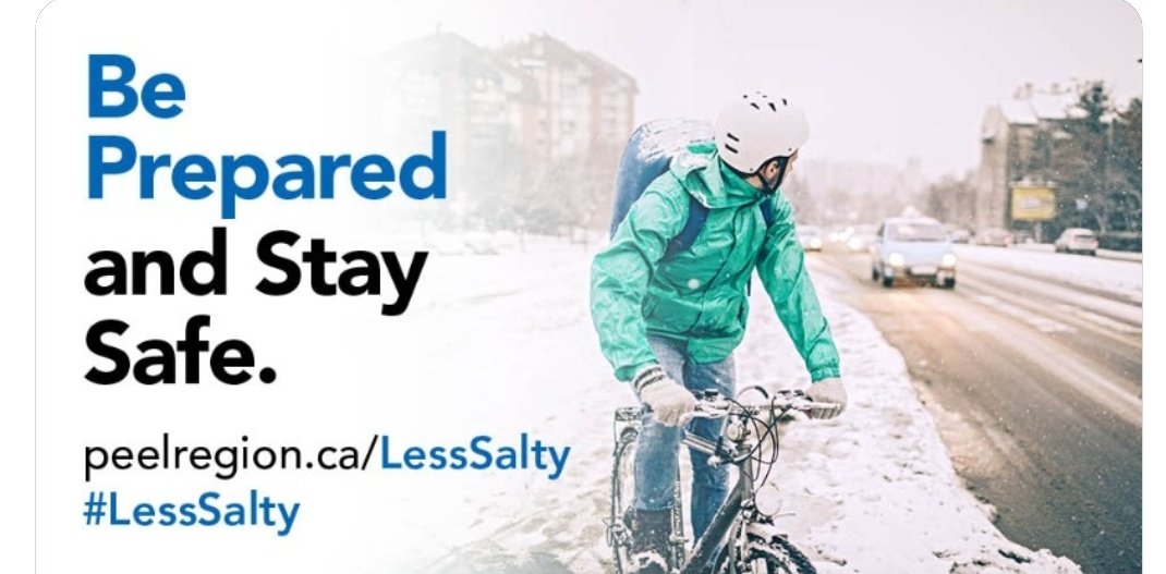 MissCyclingNow's tweet photo. WINTER WEATHER TIP: Thanks #Peel for #LessSalty 🛣🧂 campaign which supports #WinterCycling ❄️ #CyclingSafety ⚠️ #bikeMississauga 🚲 https://t.co/n27DiaDuj2