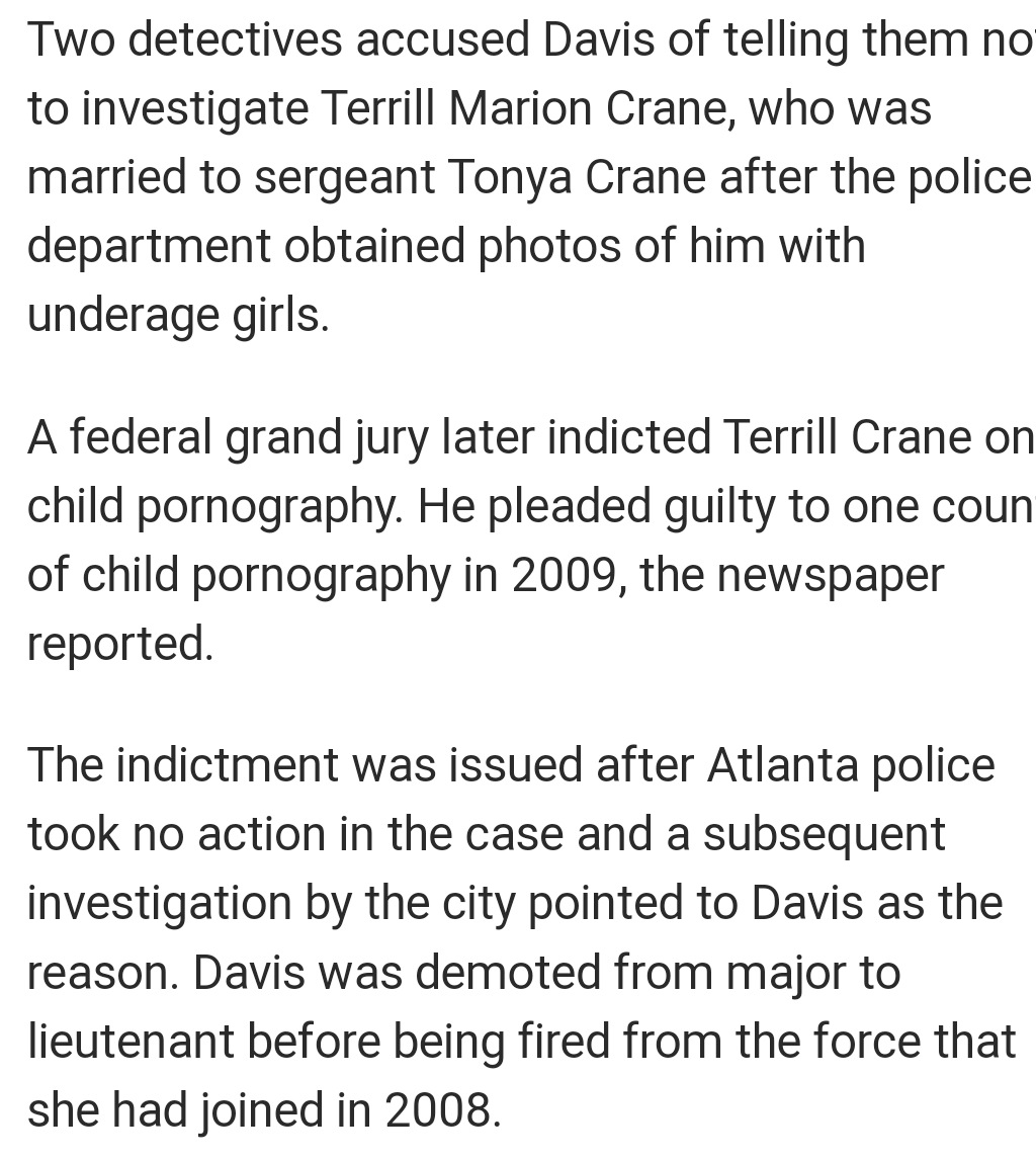 Chief Davis would eventually get fired from the APD but not for Mrs Johnston's death. She was caught trying to cover up an officers husband child pornography/rape investigation. She instructed the  detectives NOT to investigate the officers husband. The FBI had to take the case
