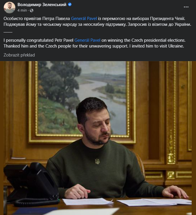 GibisVB's tweet photo. "Osobně jsem popřál Petru Pavlovi @general_pavel k vítězství v prezidentských volbách České republiky. Poděkoval jsem jemu i českému lidu za neochvějnou podporu a pozval ho na návštěvu Ukrajiny." https://t.co/1AedWzobQu