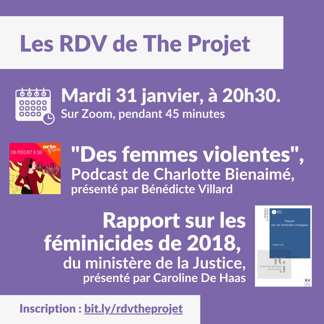 the_projet_'s tweet photo. 🗓 Mardi 31 janvier, à 20h30 (après les manifs), RDV pour 45 minutes de formation.

Au programme :
🎙"Des femmes violentes", podcast de Charlotte Bienaimé
📝 Le rapport sur les féminicides de 2018, du ministère de la Justice

👉 Inscription ici : https://t.co/2eLGSIXzix https://t.co/hu8igOIsZx