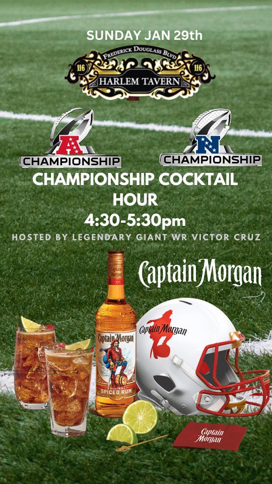 Today is the day! The one and only <a href="/victorcruz/">Victor Cruz</a> will be joining us for a special championship cocktail hour from 4:30 to 5:30! Real Super Bowl Energy in the building! 🏈 

#nyc #harlem #championship #afc #nfc