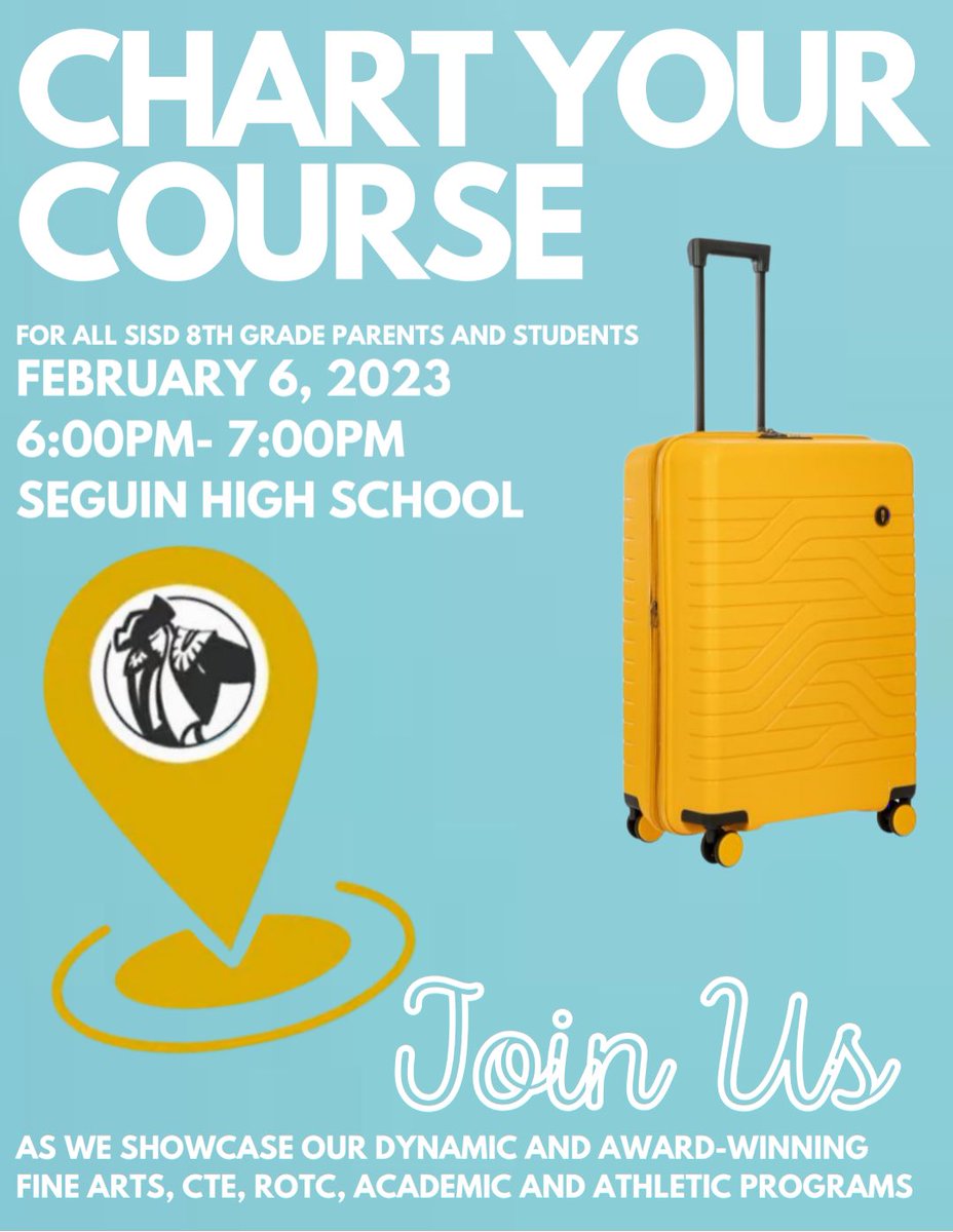 alwilliford342's tweet image. All @SeguinISD 8th grade parents &amp;amp; students are invited to explore the multiple pathways available for high school students on February 6. #ChartYourCourse #Classof2027 #TheFutureIsYours #ElectiveFair #Opportunities #ECHS #PTECH #CTE #FineArts #Athletics @SeguinHSTx @MLissHaas
