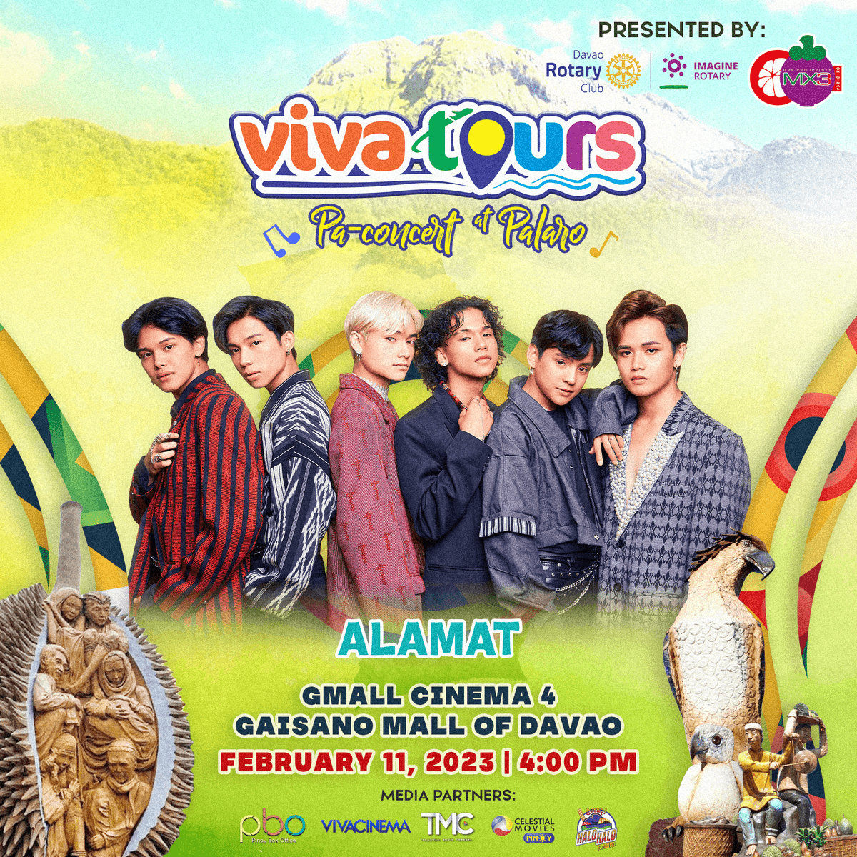 PinoyBoxOffice's tweet photo. Davaoeños &amp; Magiliws! Lezzg na with @Official_ALAMAT sa #VivaTours in Davao: Pa-concert at Palaro ngayong February 11, 4PM sa Gmall Cinema 4, Gaisano Mall Of Davao.

This event is made possible byMX3 Natural Supplements and Rotary Club of Davao.

#VivaToursInDavao https://t.co/4TmsYmsP0P