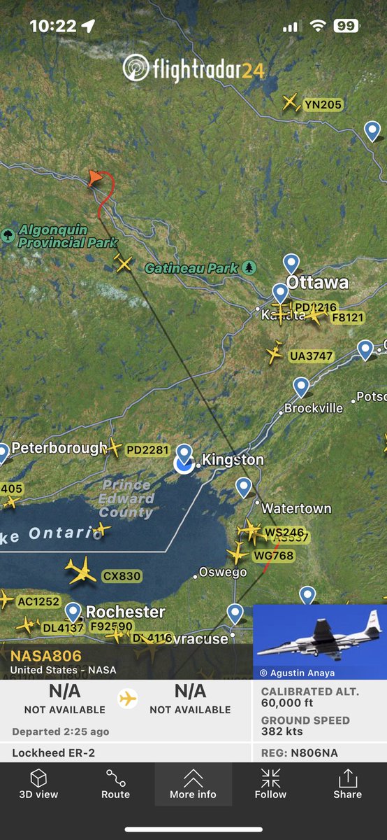 MisterDB's tweet photo. Interedting NASA806 research flying 60000 ft over Ont right now https://t.co/uFwLFo2f3E