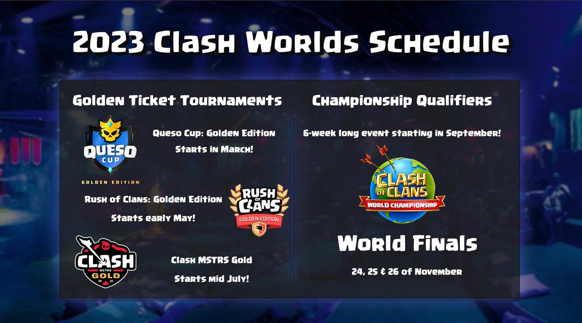 CoCEsports's tweet photo. We know that you’ve been waiting for this, see below the FULL 2023 World Championship schedule 🗓

ℹ️ https://t.co/ojCjpt1F6y

#ClashWorlds https://t.co/7UlyarOYwA