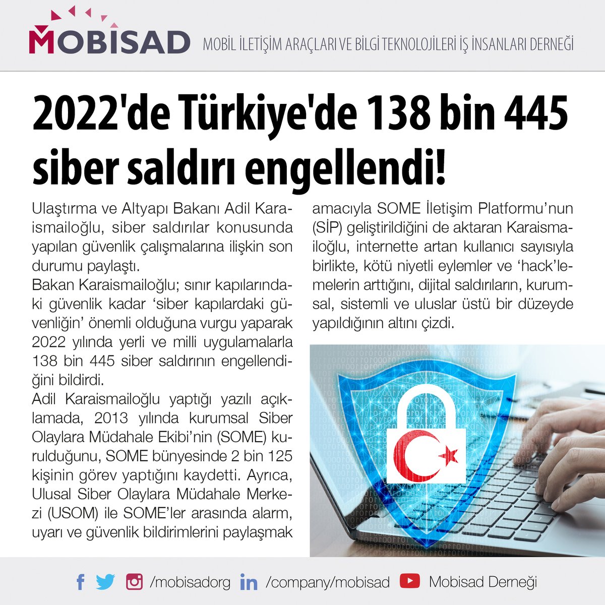 mobisadorg's tweet photo. Ulaştırma ve Altyapı Bakanı Adil Karaismailoğlu, 2022 yılında yerli ve milli uygulamalarla 138 bin 445 siber saldırının engellendiğini bildirdi.

@akaraismailoglu @ofatihsayan https://t.co/xZkexM0cSE