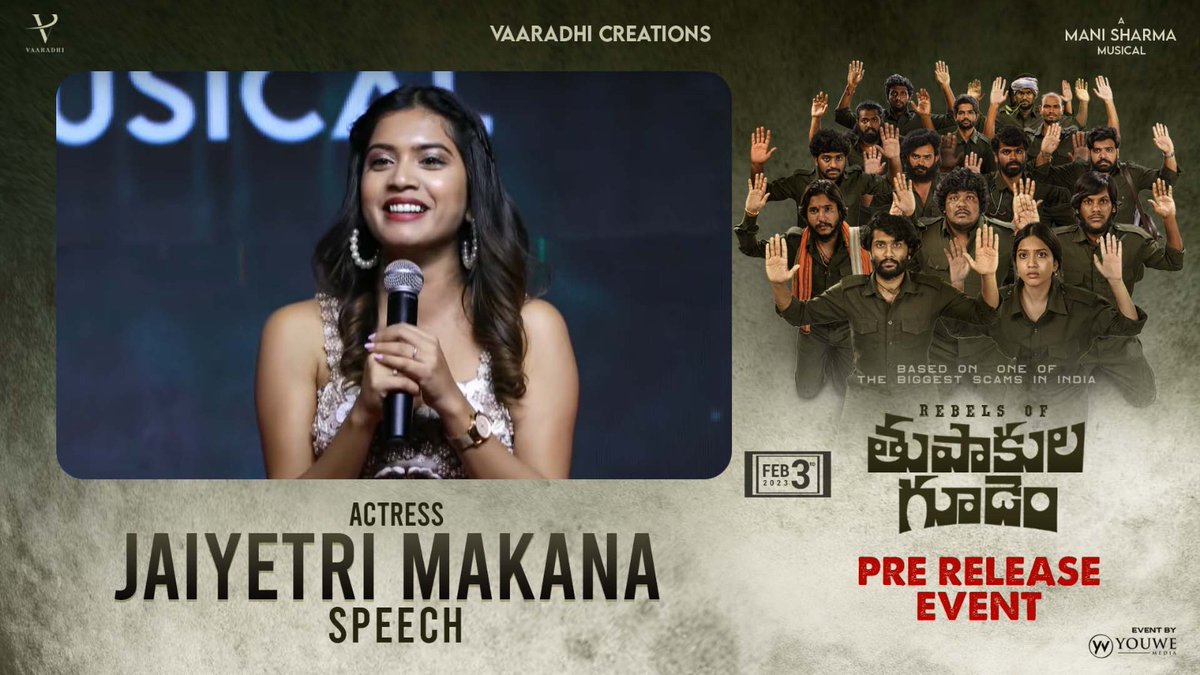 We have made this movie with faith in the script and hope you all will like it.
-Beautiful actress <a href="/jaiyetrimakana/">Jaiyetri Makana</a> Speech @ #ThupakulaGudem Pre-Release Event😍

▶️youtu.be/EpUWvoI94YU

@VaaradhiCreati1 <a href="/PraveenKandela/">Praveen Kandela</a> <a href="/SRIKANTHBUKYA6/">Shrikant Rathod</a>  #ManiSharma @DeepIntoJai <a href="/MediaYouwe/">YouWe Media</a>