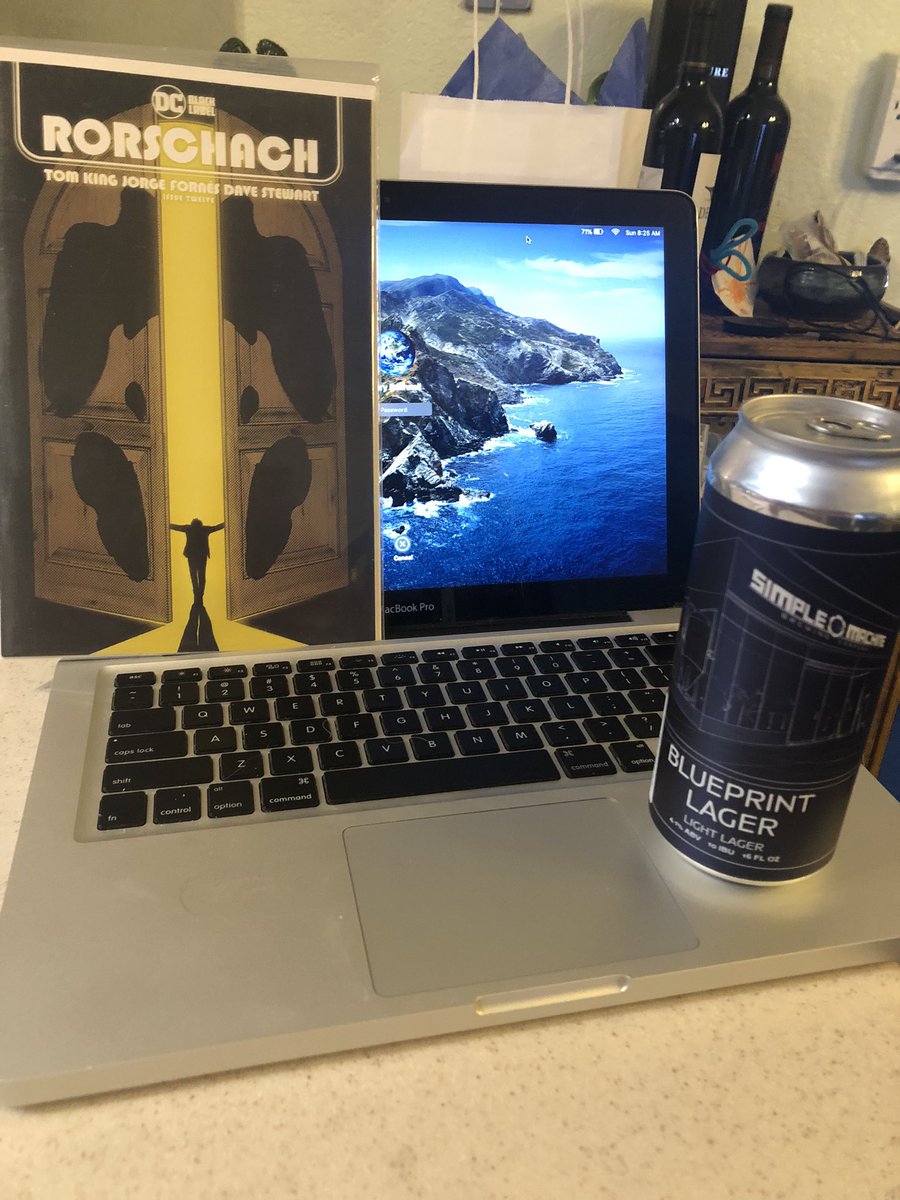 cabcomics's tweet photo. Book club tonight with @TomKingTK Talking all things Rorschach! 7pm AZ Time via zoom Got a #simplemachinebrewing Blueprint Lager. What are you drinking? #Rorschach #bookclub #cabcomics https://t.co/ekP7q7hO8g