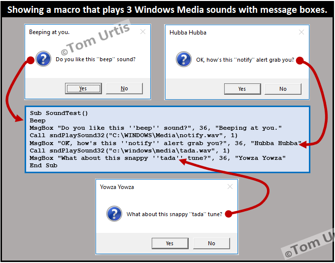 TomUrtis's tweet image. Showing a macro that plays 3 Windows Media sounds with message boxes. #TomsTips4Excel