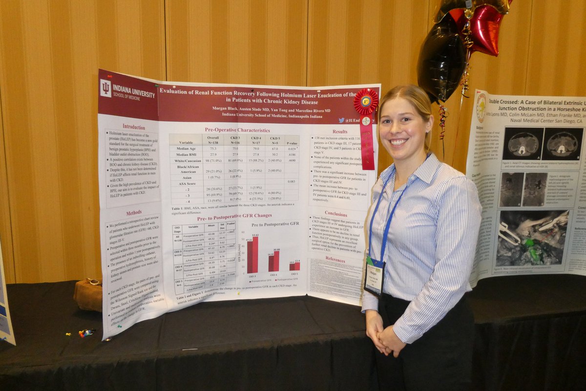 Congrats to MS3 Morgan Black for taking the best poster prize at #SGSU23 for her work with @IUendourology on 'Evaluation of Renal Function Recovery following HoLEP in Patients with CKD'