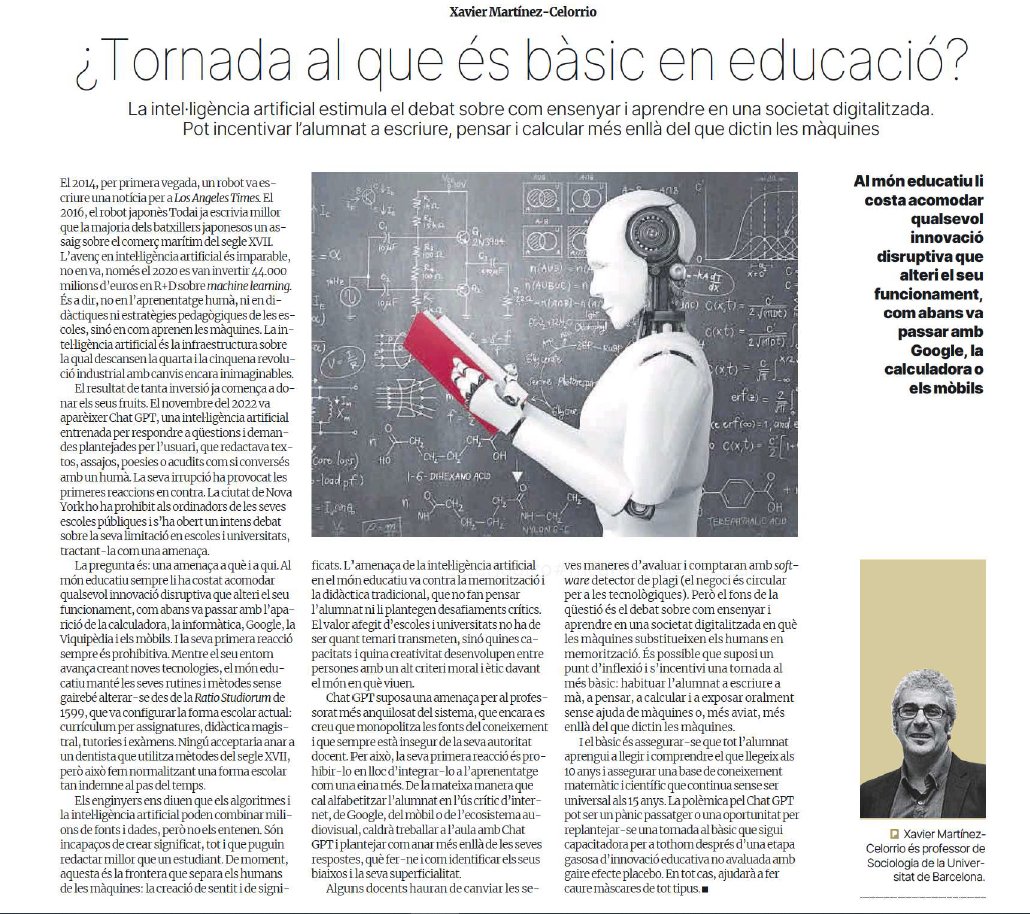 "L'amenaça de la IA en el món educatiu va contra la memorització i la didàctica tradicional" reflexions de <a href="/xaviermcelorrio/">Xavier Martínez-Celorrio</a> a <a href="/elperiodico_cat/">El Periódico</a>  Demà debat obert a #entredocents #ChatGPT a les 21:30