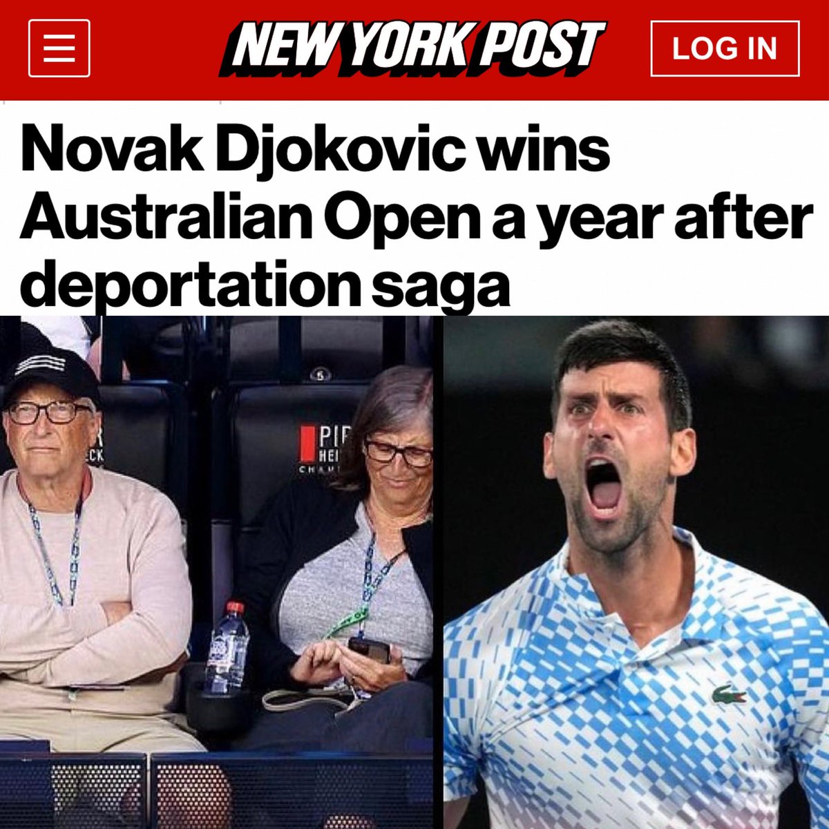 patrickbetdavid's tweet photo. Redemption is a beautiful thing.

12 months after not being allowed to compete in Australian Open, @DjokerNole ends up winning it. 

And to top it off, Bill Gates was there to witness his 22nd Grand Slam Victory. https://t.co/XkwiSTnQeS