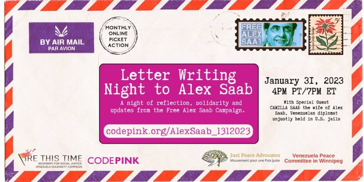 La <a href="/codepink/">CODEPINK</a> te invita a participar en el webinar 🗣️ EE. UU./Canadá Manos fuera de Venezuela.

Redacción de cartas para Alex Saab.

Este 31 de enero de 2023.
#FreeAlexSaab

<a href="/NicolasMaduro/">Nicolás Maduro</a>
<a href="/volker_turk/">Volker Türk</a> 
<a href="/JoeBiden/">Joe Biden</a>
<a href="/WhiteHouse/">The White House</a> 
<a href="/anyaparampil/">Anya Parampil</a>
<a href="/Telemundo/">Telemundo</a>
<a href="/CNN/">CNN</a>
us02web.zoom.us/webinar/regist