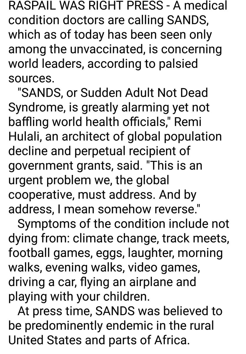 Person33SaTiRe's tweet image. Officials Discover New Health Concern Among Unvaccinated: SANDS--Sudden Adult Not Dead Syndrome