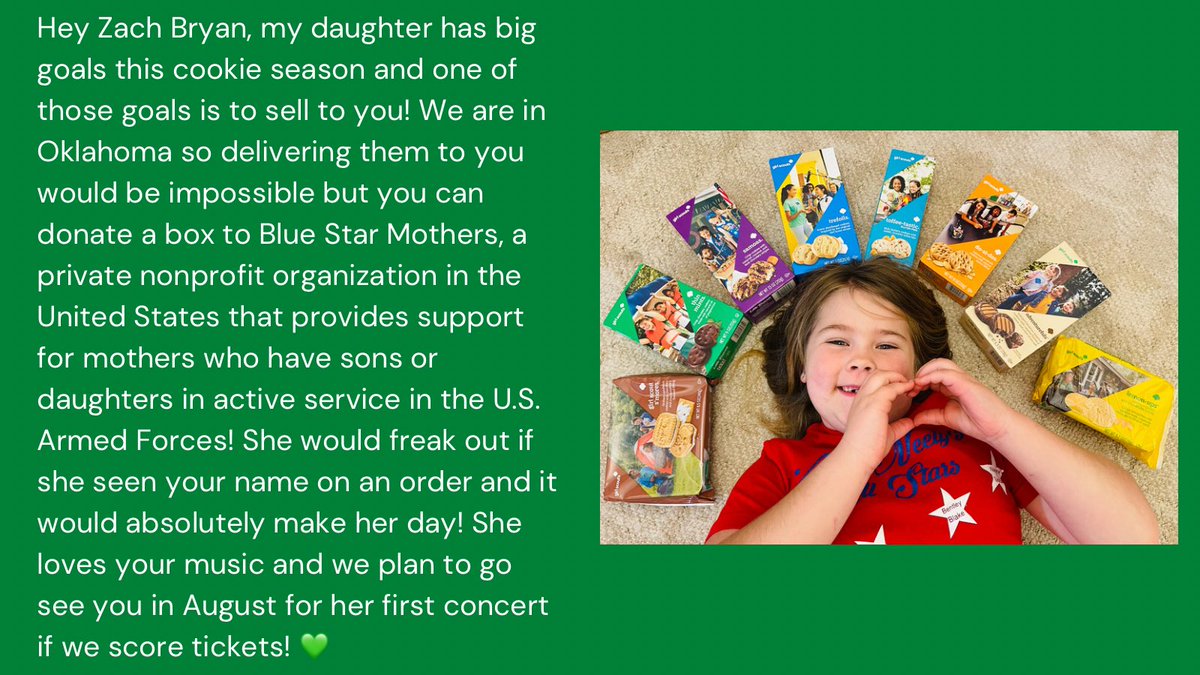 meganb103191's tweet photo. Hey @zachlanebryan my daughter has big goals this cookie season and one of those goals is to sell to you! As well as @DollyParton and all 50 states! Donations go to Blue Star Mothers! https://t.co/g6ukqMS8i0 https://t.co/81VWtsvaBh