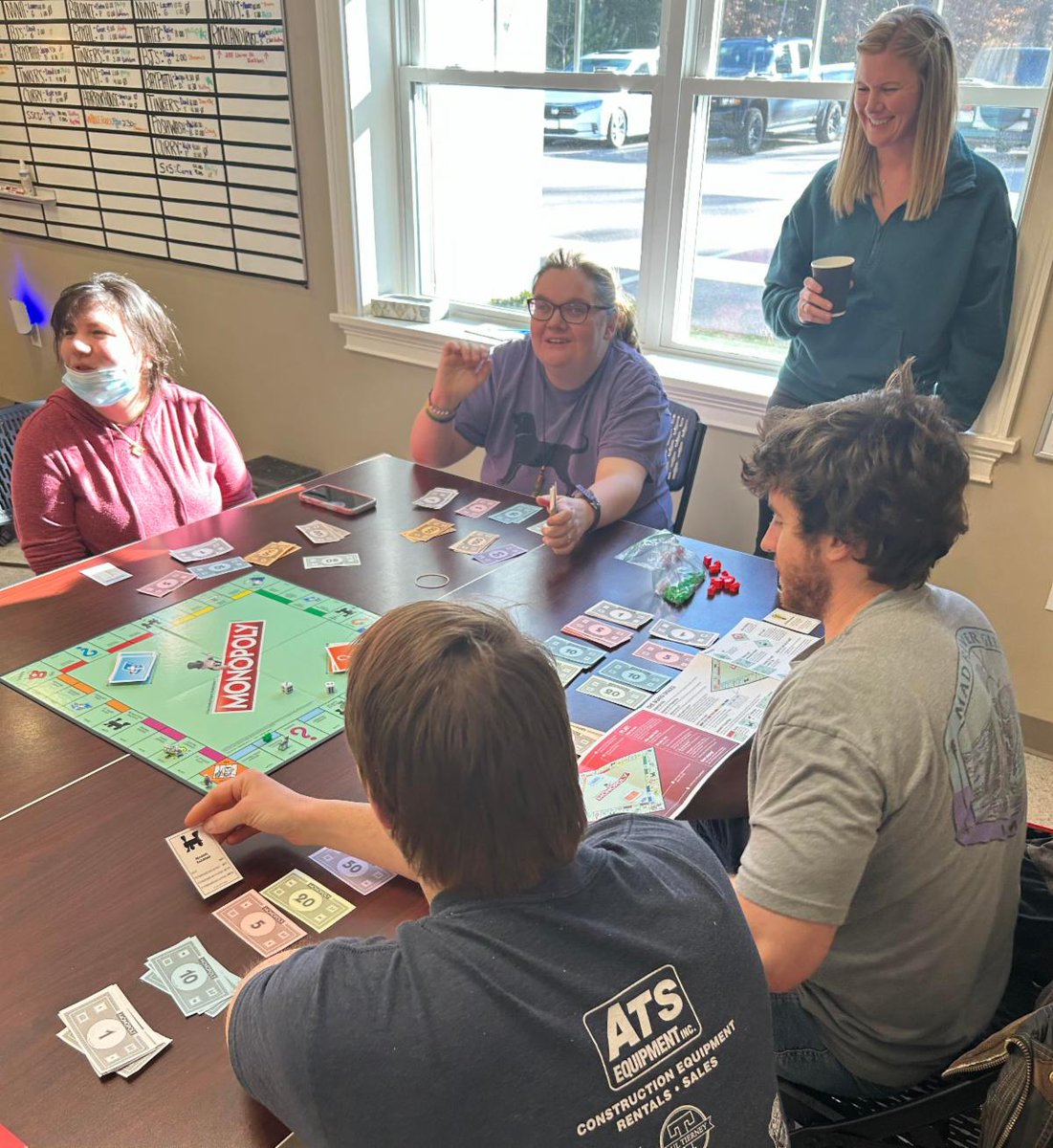 FriendshipHome1's tweet photo. During Game Club on Friday, Friendship Home Bridges to Work participants Ashley, Celia and David played Monopoly with Direct Support Professional Sheamus O'Sullivan while Case Manager Nicole Robicheau looks on. #monopoly #boardgames #friendshiphome https://t.co/o3uk9PwXQA
