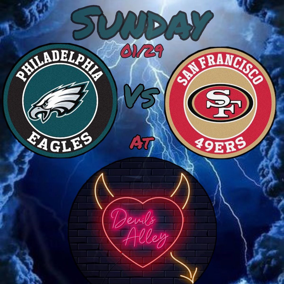 DevilsAlley215's tweet photo. Let's go Birds!!!
Join Us today at the Alley Bar to watch the Eagles take down the 49ers and pave the way to another Super Bowl!!! https://t.co/lOnYM4IHjl