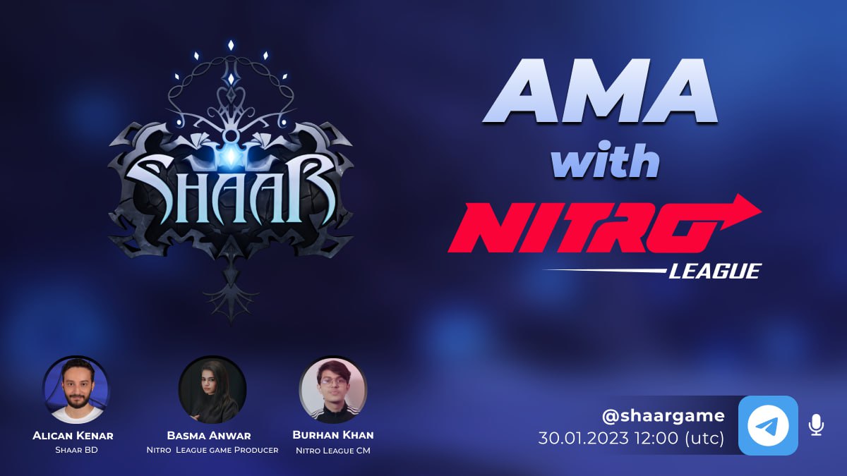 shaargame's tweet photo. 📢 Shaarchildren!

✉️ You are invited to AMA session with our partner, @nitroleaguegame

👥 CM Burhan Khan and Game Producer Basma Anwar will answer our questions about Nitro League. 

📅 Monday, January 30th at 12:00 (UTC)

🚩 https://t.co/8VF2rFCzEC https://t.co/qJEz1KvsZ2