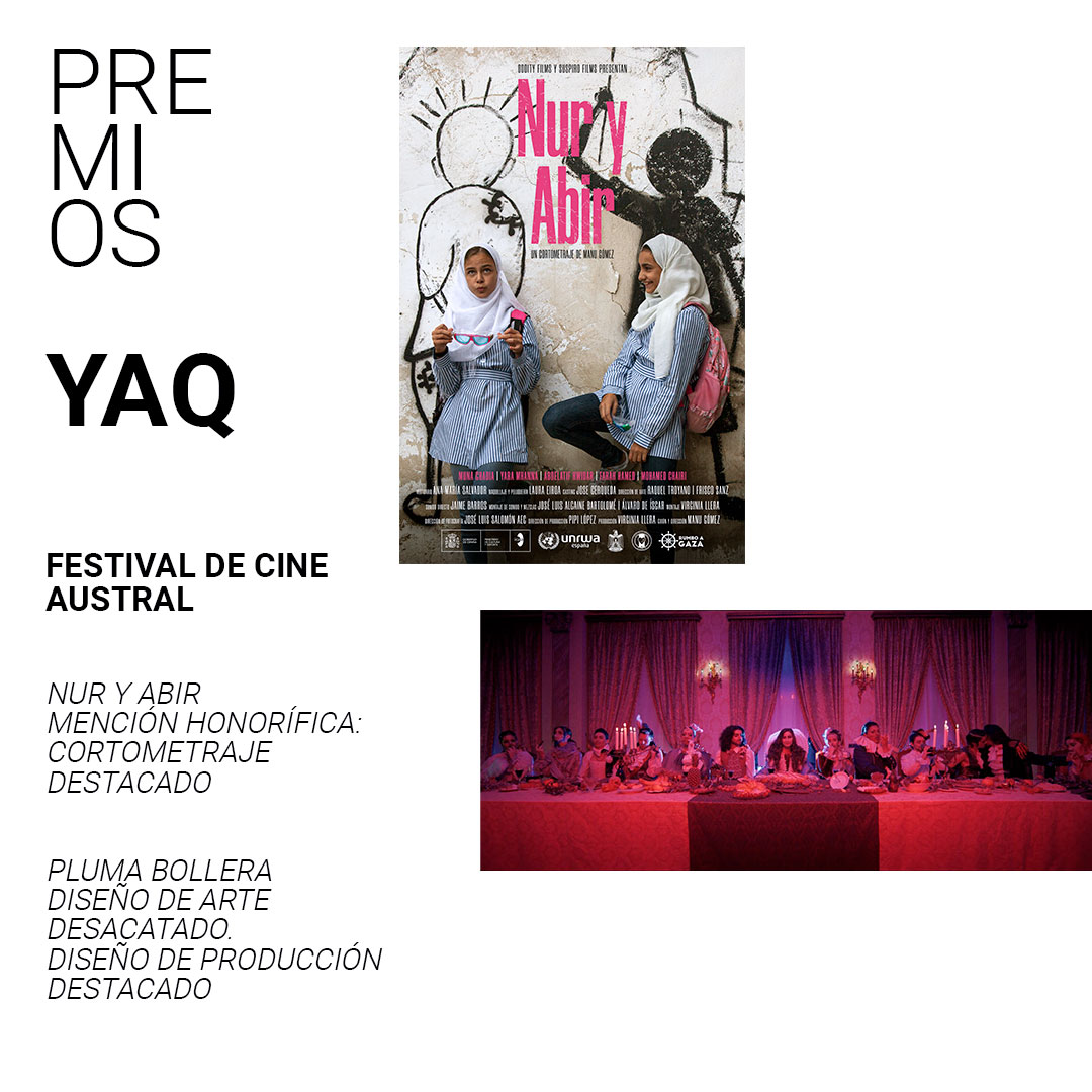PREMIOS FRESCOS / FRESH AWARDS

Festival de Cine Austral
Nur y Abir
Mención honorífica: Cortometraje destacado

Festival de Cine Austral
Pluma Bollera
Diseño de arte desacatado.
Diseño de producción destacado.

💙