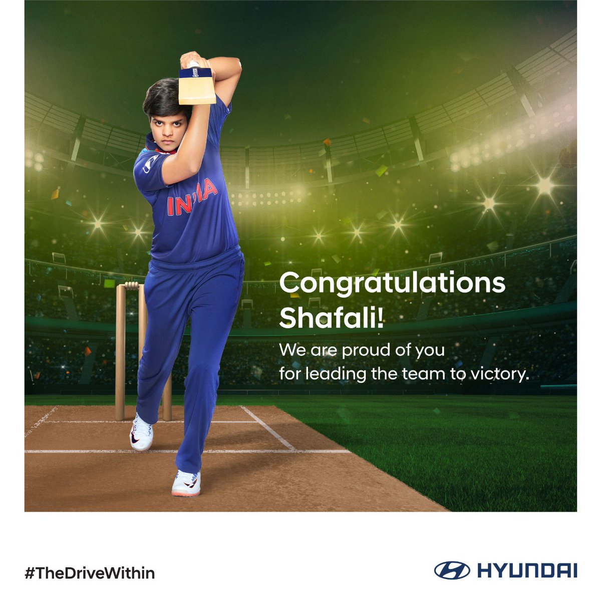 HyundaiIndia's tweet photo. Congratulations @TheShafaliVerma. This victory will inspire a million more to do the same. Celebrate the drive within.
Here’s to more!
#Hyundai #HyundaiIndia #TheDriveWithin https://t.co/milM0nOrUP