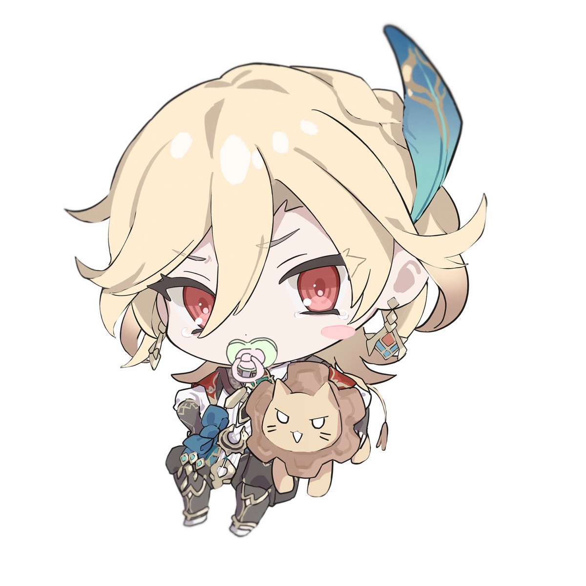 blonde hair red eyes 1boy male focus chibi jewelry feather hair ornament  illustration images