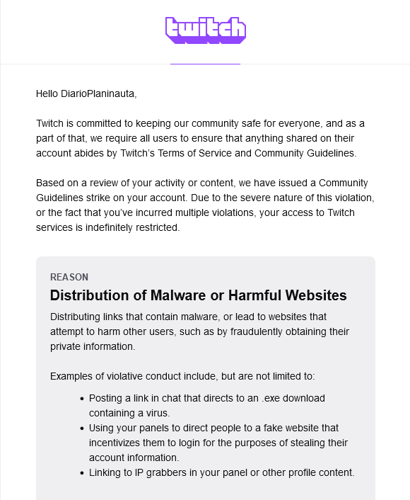 Dia_Planinauta's tweet photo. Banido da @TwitchBR por conta de distribuição de link malicioso, sendo que no meu canal só tem link pras minhas redes sociais e as lojas que me apoiam.

Como é bom ser criador de conteúdo na Twitch!
🤡🤡🤡🤡🤡 https://t.co/Owd4agcklb