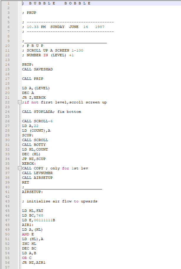 ZX Spectrum Bubble Bobble source code safely archived from Mike Follin's original development discs. I'm not sure if this is the final version of the game, but it does seem fairly complete. The game was developed on a Tatung Einstein and deployed to as Spectrum via a serial link.