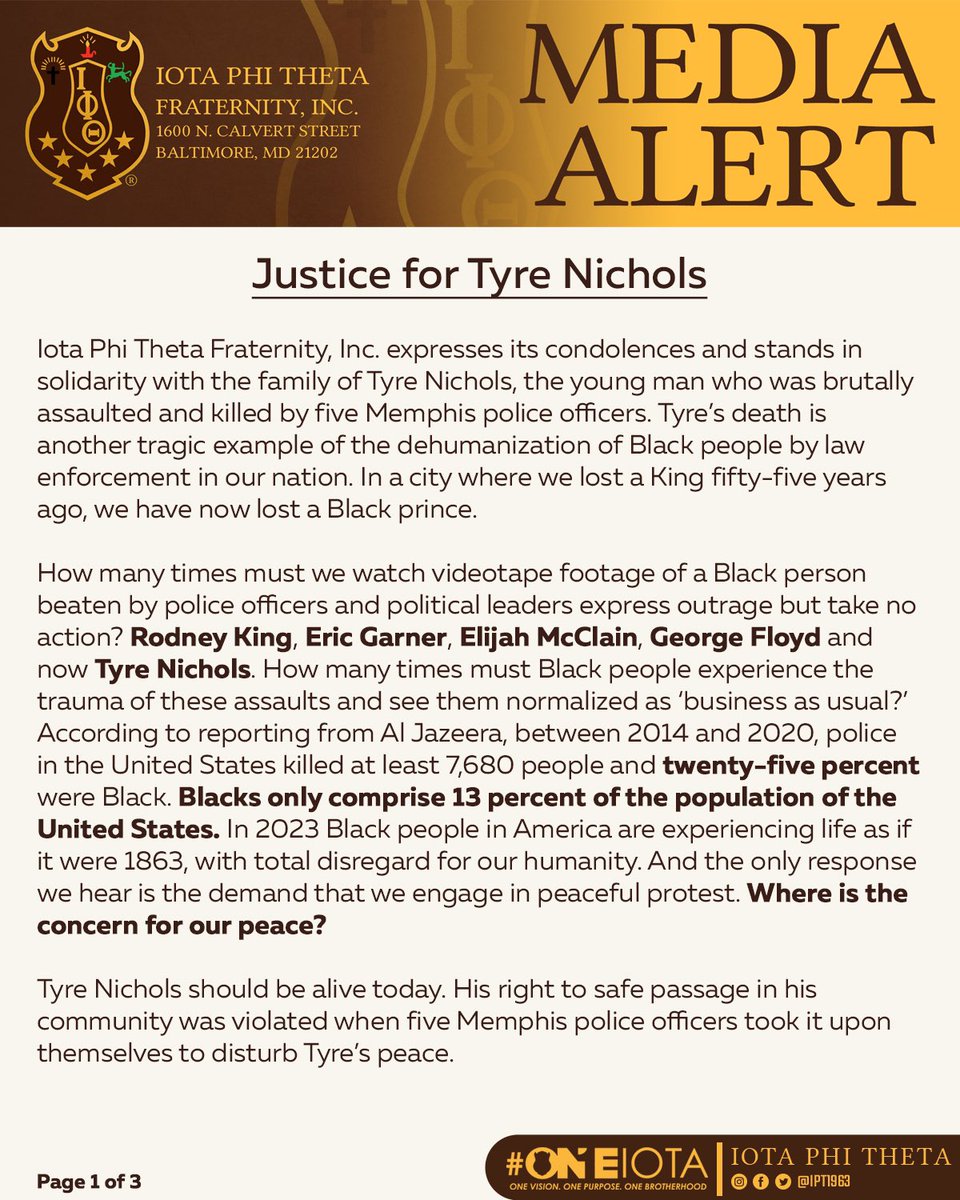 IPT1963's tweet photo. The men of Iota Phi Theta Fraternity, Inc. are outraged by the acts that resulted in the tragic loss of Mr. Tyre Nichols.  Our prayers go out to the family and those impacted by this tragic event.

#IPT1963 #IotaPhiTheta #ItTakesAManBeThatMan https://t.co/DiZTYRmJOW