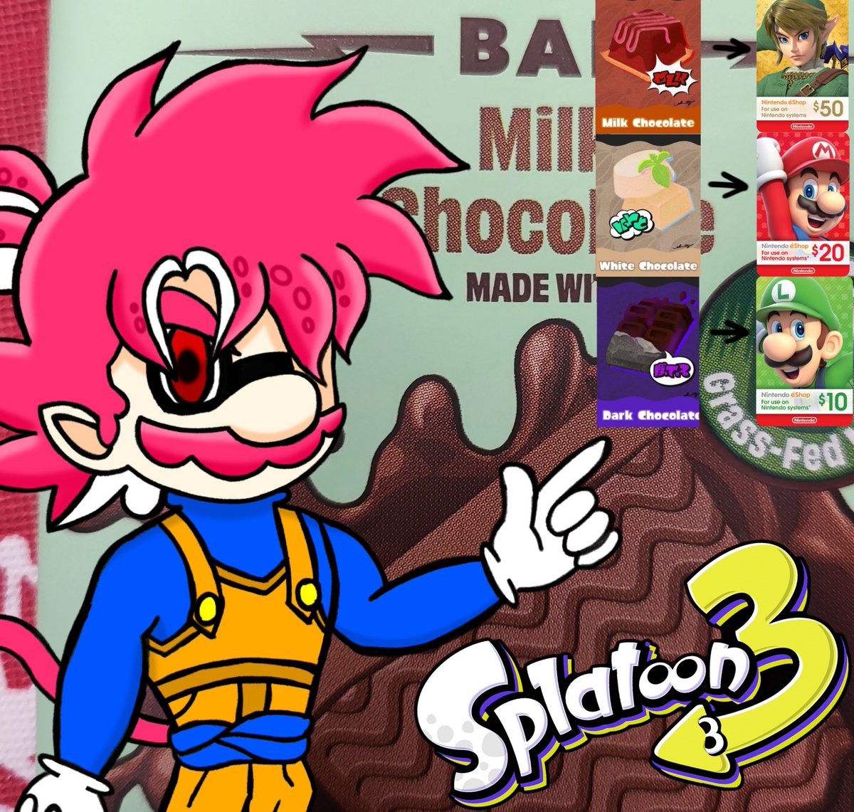 SSJ64Mario's tweet photo. Alrighty Inklings and Octolings everyone! #Splatoon3 has a new Splatfest and, as promised, time for another giveaway!

If my team (Milk Chocolate) wins, I'll give a $50 eShop Card!
White Chocolate = $20
Dark Chocolate= $10

Just comment down below which team you're on to enter! https://t.co/C6fxTWo93b