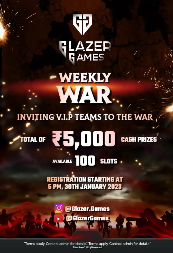 GlazerGames's tweet photo. WEEKLY WAR
 POWERED BY:  GLAZER GAMES
 HOST &amp; MANAGED BY:  GLAZER GAMES

ENTRY FEES
★ ★ !! 𝐅𝐑𝐄𝐄 !! ★ ★★ ★ !! 𝐅𝐑𝐄𝐄 !! ★ ★

    Prize Pool :- ✪ Rs. 5000 INR ✪
    For more details
Join us @ Discord https://t.co/M57gtIAfkz
#Glazer https://t.co/jvTfPwslBx