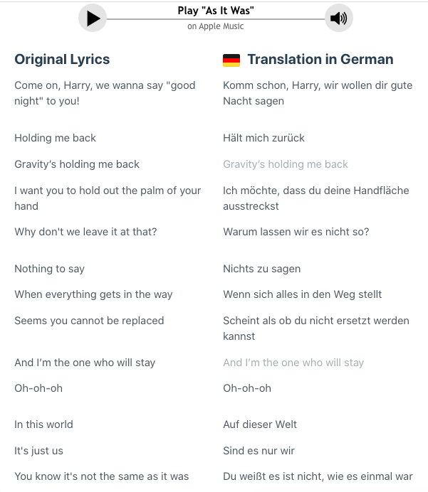 EM203STANSELLA's tweet photo. Hi everyone!
Such a great start to the semester so far. This week I selected the task of singing one verse of a song in German. I chose the song As It Was by Harry Styles. It was fun to try something new and out of my comfort zone. Attached are some of the lyrics!  #EM203Robin https://t.co/7hSgbv5znM
