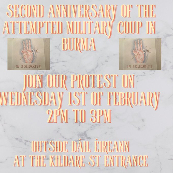 MTA_Calendar's tweet photo. Wed Cont'd:
In London Myanmar Diaspora come together to honour the courage of the Myanmar people in the on-going struggle. 
&amp;
In Dublin @BurmaActionIRL &amp; friends Rally in solidarity with the peoples of Myanmar! 
/7 https://t.co/hH44W7G5HJ